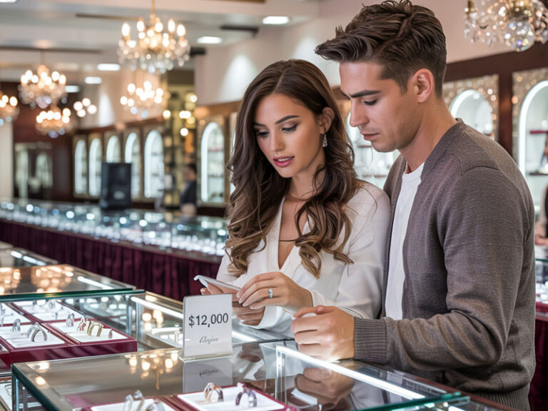 A couple examines a ring at a jewelry store display case, looking at a $12,000 price tag. The store interior is bright and elegant with multiple display cases and chandeliers.