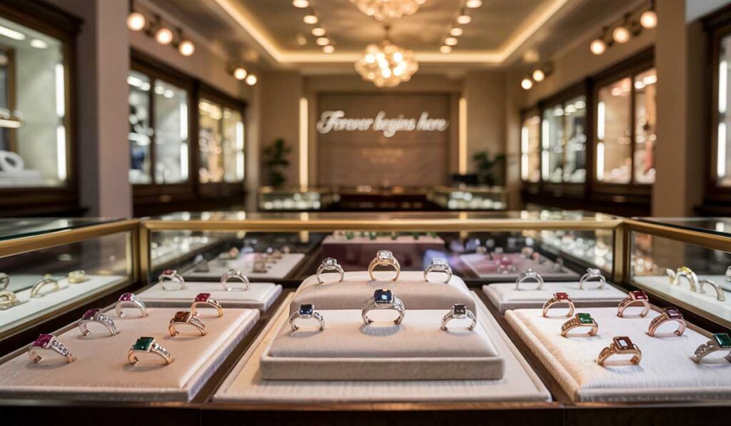 A well-lit jewelry store displays various gemstone rings in glass cases, with a sign reading "Forever begins here" visible in the background.